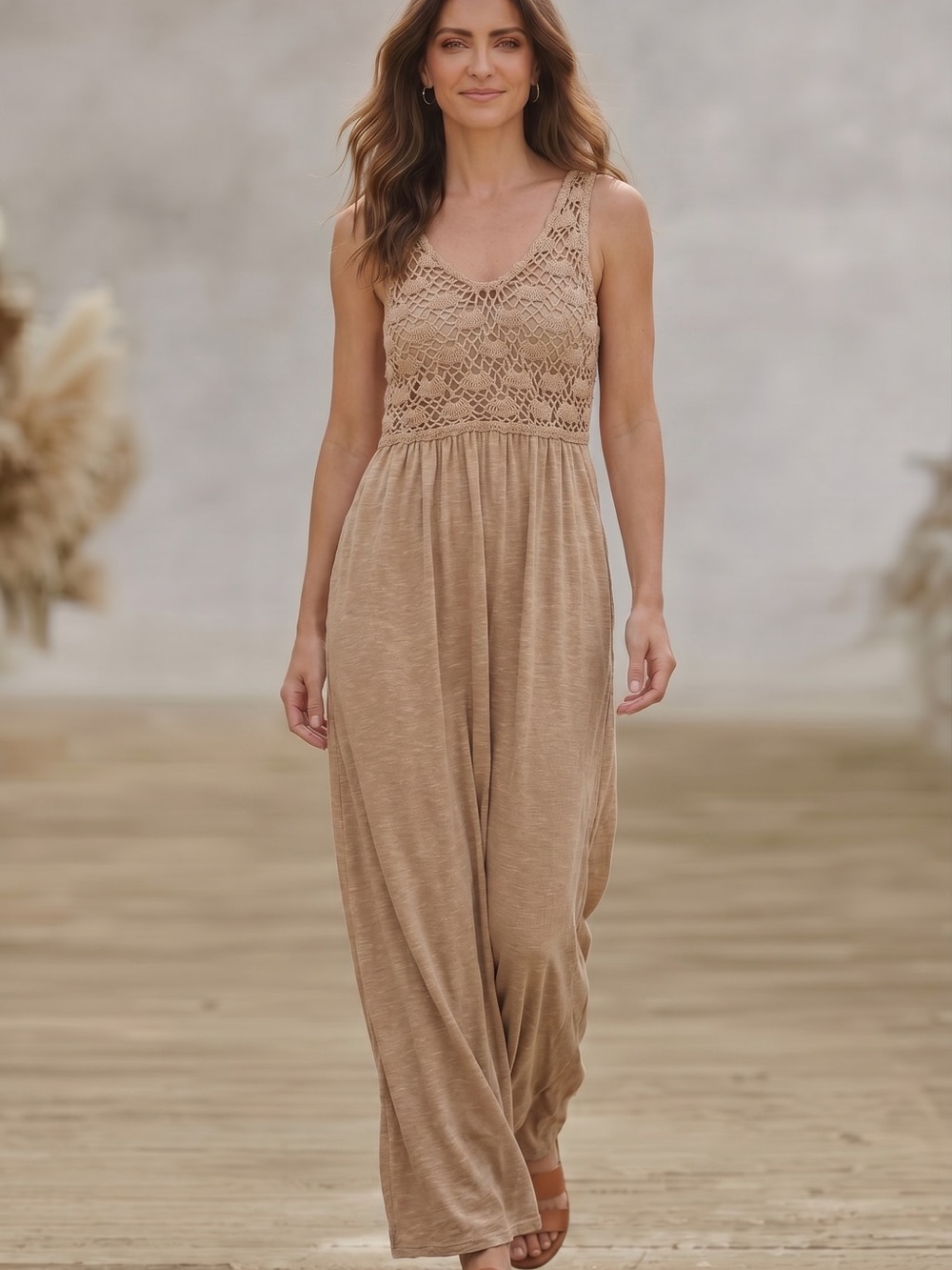 aerie Crochet Bodice Maxi Dress in Taupe Beige